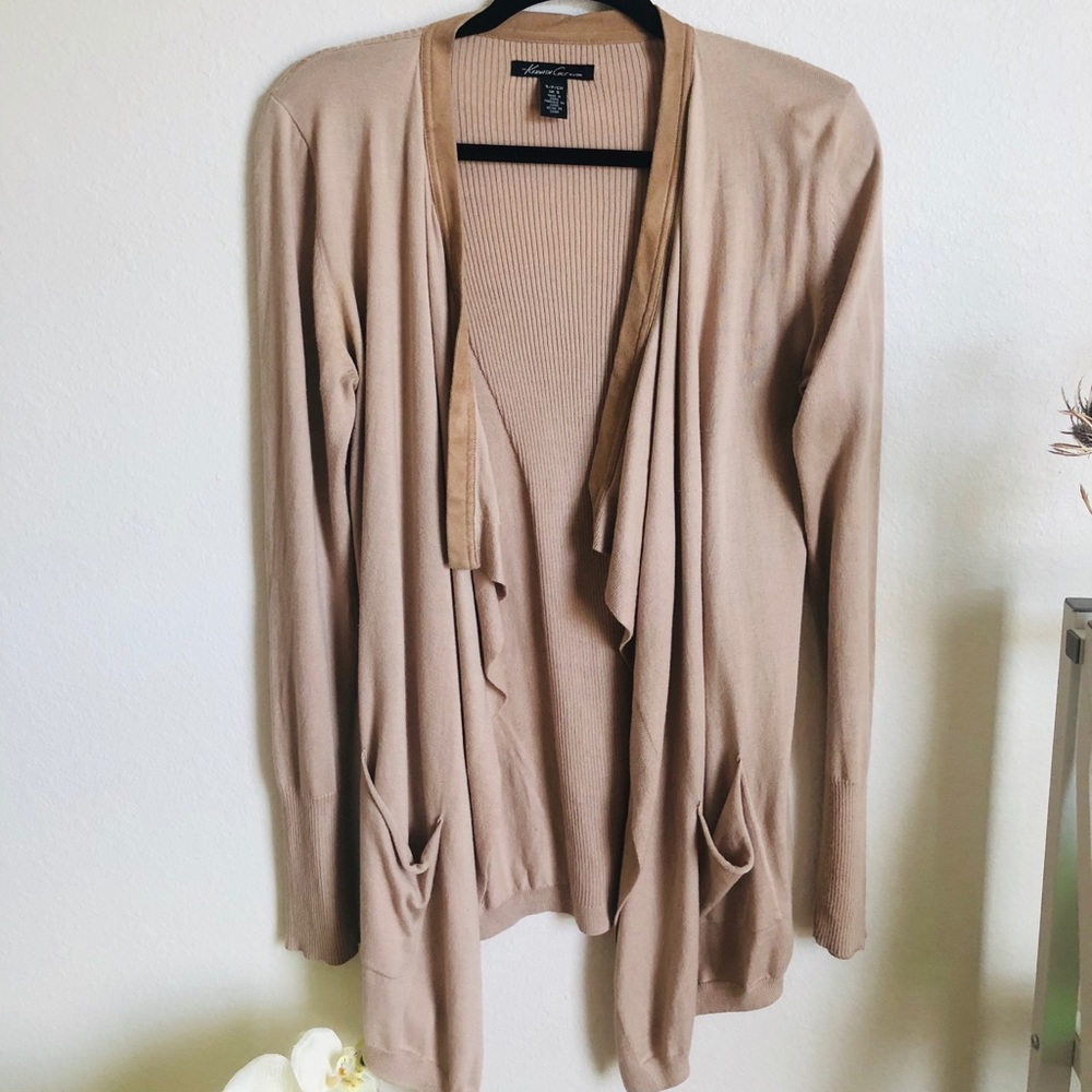 Faux suede trim open cardigan